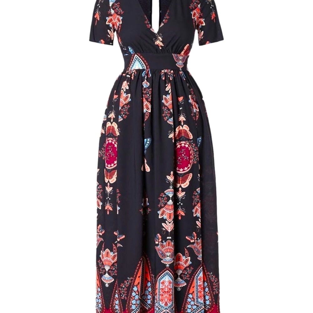 283. NWOT Elegant V-neck Maxi Dress with a trendy floral print Boho Dre… - Picture 5 of 8